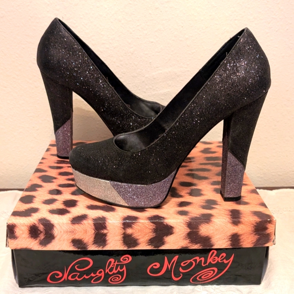 Naughty Monkey Black Glitter Heels